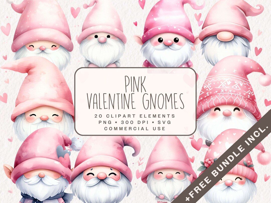 Cute Valentine Gnomes Clipart, Watercolor Pink Gnome Illustrations in ...