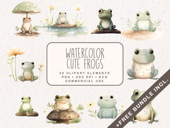 Watercolor Cute Frogs Clipart, Happy Frog Graphics in PNG and SVG, Digital Nature Illustrations for commercial use