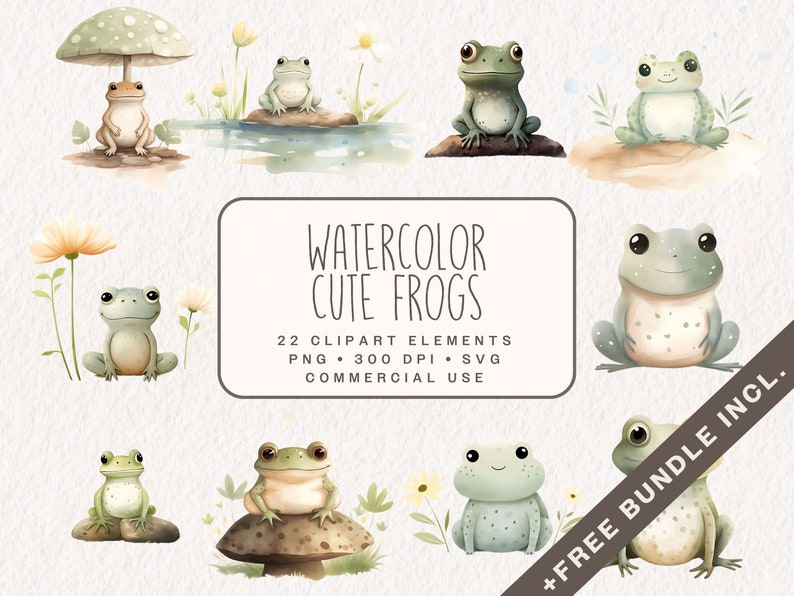 Watercolor Cute Frogs Clipart, Happy Frog Graphics in PNG and SVG, Digital Nature Illustrations for commercial use image 1