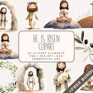 Linda Pascua Jesús Clipart, Acuarela Ha resucitado ilustraciones de la historia de Pascua, Gráficos de María Virgen para niños PNG y SVG Bundle