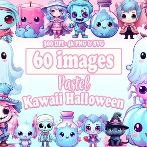 Halloween Cute Kawaii Clipart, paquete de 60 gráficos de imágenes prediseñadas de dibujos animados en colores pastel en PNG y SVG, Candy Witch Pumpkin Ghost Kids Skull Illustration