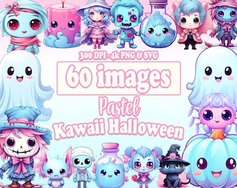 Halloween Cute Kawaii Clipart, 60 Pastel Cartoon clip art graphics Bundle in PNG and SVG, Candy Witch Pumpkin Ghost Kids Skull Illustration
