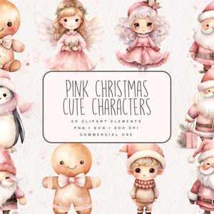 Christmas Cute Characters Clipart, Pink Watercolor Xmas clip art SVG and PNG Bundle, Santa Claus, Reindeer, Snowman, Elf, Gingerbread