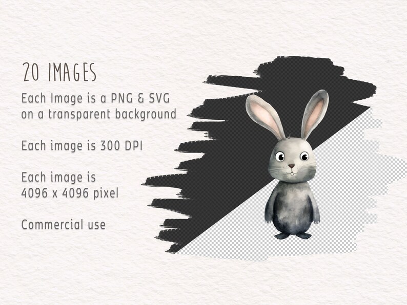 May include: A digital illustration of a grey rabbit with large ears and big eyes. The rabbit is standing on a transparent background. The image is 4096 x 4096 pixels and 300 DPI.