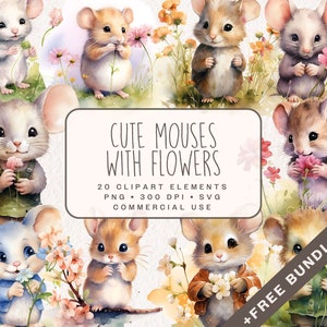 Floral mignon souris Clipart, souris avec des illustrations de fleurs de printemps en PNG et SVG, graphiques de Pâques pour un usage commercial