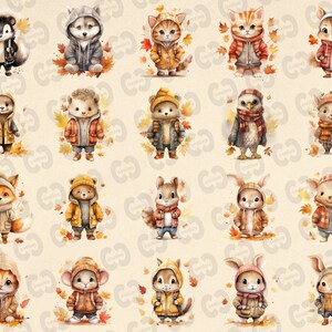 May include: A digital illustration of 18 different animals wearing autumn-themed clothing. The animals include a fox, a squirrel, a hedgehog, a cat, a wolf, a rabbit, a mouse, a bear, a bird, and a pig. The animals are all wearing different types of clothing, such as scarves, hats, jackets, and sweaters. The background is a light beige color with scattered autumn leaves.