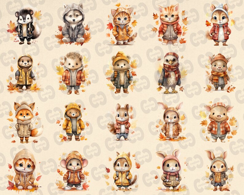 Autumn Cute Baby Animals Clipart Bundle, 60 Watercolor Fall Clip Art ...