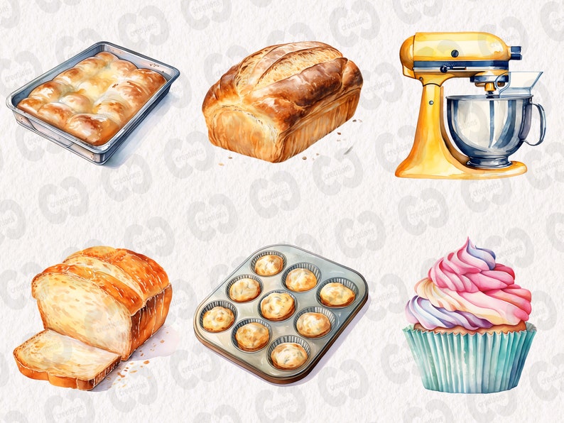 K&ouml;nnte beinhalten: Eine Aquarellillustration von Backzubeh&ouml;r, darunter eine K&uuml;chenmaschine, zwei Brote, eine Form mit Br&ouml;tchen, eine Form mit Muffins und ein Cupcake mit rosa und lila Frosting.