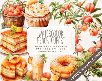 Watercolor Peach Clipart Bundle, Cute Food Graphics in PNG and SVG, Digital Floral Illustrations for Paper Crafts and Junk Jounaling