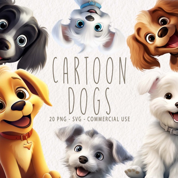 Schattige hond clipart bundel, clip art set van 20 hoge kwaliteit PNG's, gelukkige honden, cartoon hond PNG & SVG, Instant Download, commercieel gebruik