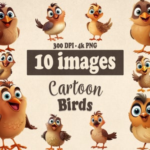 Paquete de imágenes prediseñadas de pájaros de dibujos animados, pájaros de dibujos animados, imágenes prediseñadas de animales lindos para vivero, PNG transparentes y SVG con descarga instantánea para uso comercial