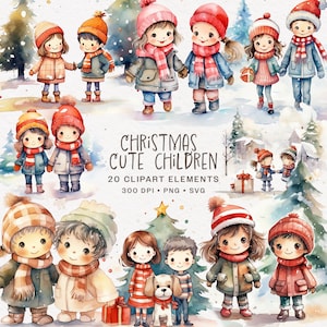 Pacote de clipart de crianças fofas de Natal, ilustração de crianças fofas em aquarela, gráficos de menino e menina felizes, download digital para uso comercial