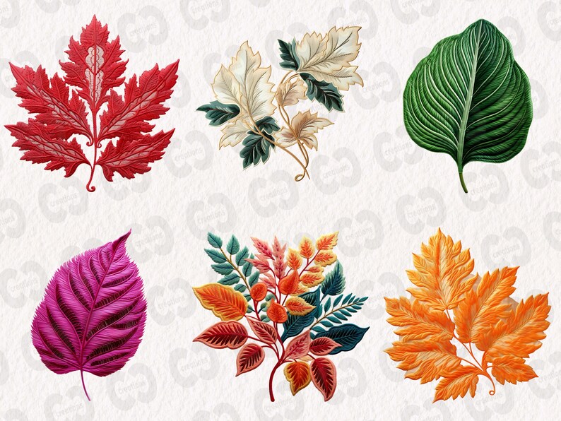 Embroidered Leaves Clipart Bundle, Colorful Cute Embroidery Graphics in ...