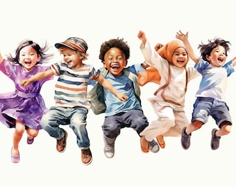 Cartoon kinderen clipart png, schattige kinderen springen van vreugde, gelukkige multinationale kinderen, kinderrij, aquarel kinderen clip art bundel, png en SVG
