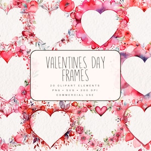 Clipart de molduras de dia dos namorados, gráficos de amor romântico em aquarela para presentes, ilustrações de coroa de flores rosa em forma de coração