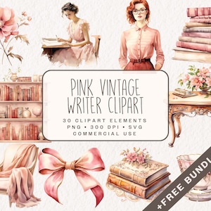 May include: A digital clipart set of pink vintage writer elements. The set includes a bookshelf, a writing desk, a chair, a woman writing, a woman with glasses, a stack of books, a teacup, a bow, and a book with flowers. The text "PINK VINTAGE WRITER CLIPART" is displayed on a white background. The text "30 CLIPART ELEMENTS PNG 300 DPI SVG COMMERCIAL USE" is displayed below the title. The text "FREE BUNDLE INCL." is displayed in the lower right corner of the image.