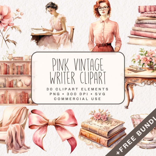 Pink Vintage Writer Clipart, Watercolor Book Graphics in PNG and SVG format, Junk Journal Illustration for commerial use as digital download