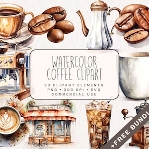Bundle de cliparts café aquarelle, tasse de café confortable graphiques en PNG et SVG, illustrations numériques de barman pour un usage commercial