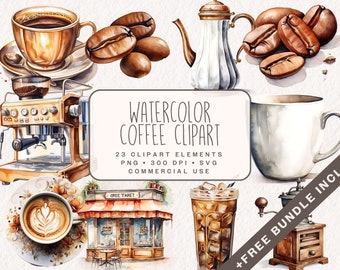 Watercolor Coffee Clipart Bundle, Cozy Cup of Coffee Graphics in PNG and SVG, Digital Barista Illustrations for commercial use