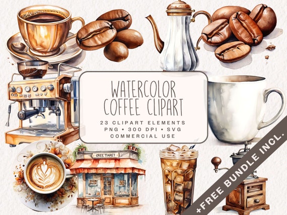 Watercolor Coffee Clipart Bundle, Cozy Cup of Coffee Graphics in PNG and SVG, Digital Barista Illustrations for commercial use