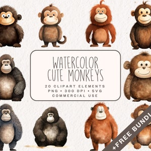 May include: A set of 20 watercolor illustrations of cute monkeys in various poses. The monkeys are brown, black, and orange. The illustrations are perfect for creating digital or printed projects.
