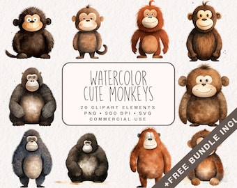 Watercolor Cute Monkeys Clipart Bundle, Safari Monkey Graphics in PNG and SVG, Jungle Animal Illustrations for Nursery Decor, Commercial Use