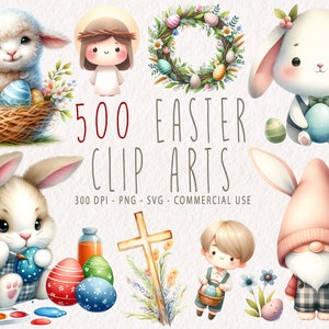Mega Pâques Clipart Bundle, clipart graphiques de Pâques PNG, mignon lapin de Pâques, Jésus, Gnome, oeufs, agneau, poussin, lapin SVG pour un usage commercial
