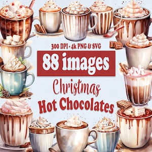 Kerst warme chocolademelk clipart, gezellige kerstmis aquarel chocolade mokken illustratie, winter graphics bundel in png en SVG voor junk Journal