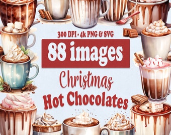 Christmas Hot Chocolate Clipart, Cozy Xmas Watercolor Chocolate Mugs Illustration, Winter Graphics Bundle in PNG and SVG for Junk Journal