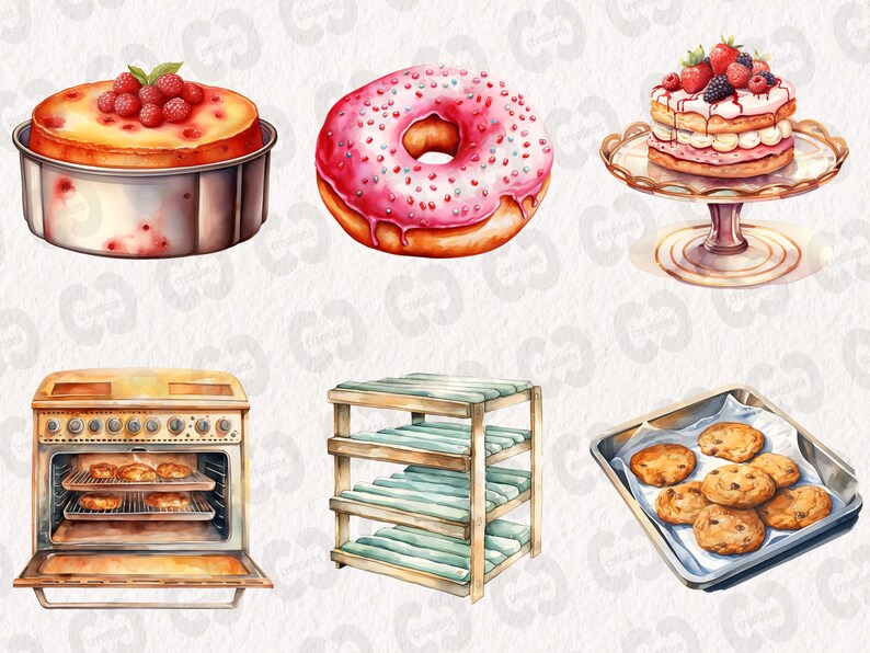 K&ouml;nnte beinhalten: Ein Satz Aquarell-Illustrationen von Backwaren, darunter ein rosafarbener, glasierter Donut mit Streuseln, ein Kuchen mit Beeren auf einem Kuchenst&auml;nder, ein Backblech mit Schokoladen-Chip-Cookies, ein Gestell zum Abk&uuml;hlen von Backwaren, ein Kuchen in einer Form und ein Vintage-Backofen.