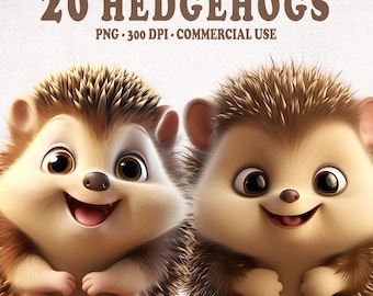 Cute Hedgehog Clipart Bundle, clip art Set of 20 High Quality PNGs, Happy Hedgehogs, Hedgehog PNG, Instant Download, Commercial use