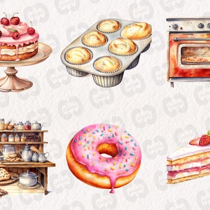 K&ouml;nnte beinhalten: Eine Aquarellillustration verschiedener Backutensilien, darunter ein Kuchen mit rosa Zuckerguss und roten Kirschen, eine Muffinform mit sechs Muffins, ein rosa glasierter Donut mit bunten Streuseln, ein St&uuml;ck Kuchen mit rosa Zuckerguss und Erdbeeren und ein roter Backofen mit wei&szlig;er Oberseite.