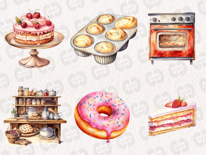 K&ouml;nnte beinhalten: Eine Aquarellillustration verschiedener Backutensilien, darunter ein Kuchen mit rosa Zuckerguss und roten Kirschen, eine Muffinform mit sechs Muffins, ein rosa glasierter Donut mit bunten Streuseln, ein St&uuml;ck Kuchen mit rosa Zuckerguss und Erdbeeren und ein roter Backofen mit wei&szlig;er Oberseite.