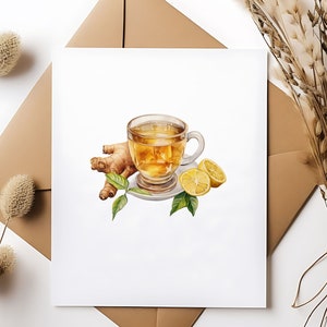 May include: A watercolor illustration of a cup of tea with lemon and ginger. The tea is a light yellow color and the cup is clear glass. The lemon is sliced and the ginger is a light brown color.