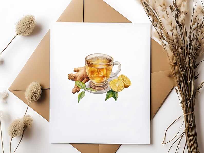 May include: A watercolor illustration of a cup of tea with lemon and ginger. The tea is a light yellow color and the cup is clear glass. The lemon is sliced and the ginger is a light brown color.