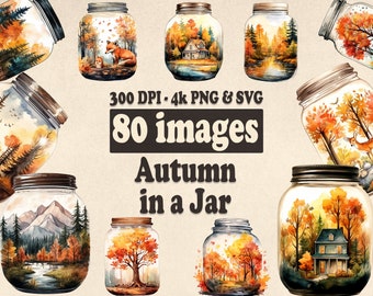 Herbst in einem Glas Clipart Bundle, 80 Aquarell Herbst Clip Art Illustrationen, Herbstsaison, PNG und SVG, Papier, Handwerk Junk Journal Herbst Clipart