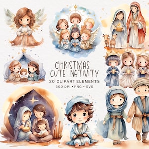 Navidad Linda Natividad Clipart, Escena de la Natividad, Ángel de Navidad Acuarela Jesús Ilustración, Gráficos de la Virgen María, Paquete PNG y SVG para niños
