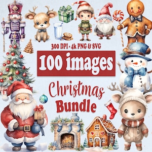 Aquarell Weihnachten Clipart Bundle, PNG & SVG XMAS Grafiken, süßer Weihnachtsmann Rentier Baum Schneemann für kommerzielle Nutzung, Instant Download