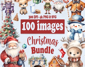Watercolor Christmas Clipart Bundle, PNG & SVG XMAS Graphics, Cute Santa Claus Reindeer Tree Snowman for commercial use Instant Download