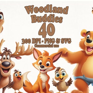 Woodland Buddies clipartbundel, 40 schattige beer, eland, vogel en vos graphics PNG-indeling, SVG-indeling, voor commercieel gebruik instant download