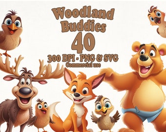 Woodland Buddies Clipart Bundle, 40 Cute Bear, Moose, Bird, and Fox Graphics PNG Format, SVG Format, for commercial use instant download