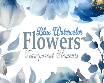 Blue Flower Watercolor Clipart - Botanical Plants - Blue Flower Wedding Clipart - PNG - Handmade Clipart - Wild Flowers - Mothersday Clipart