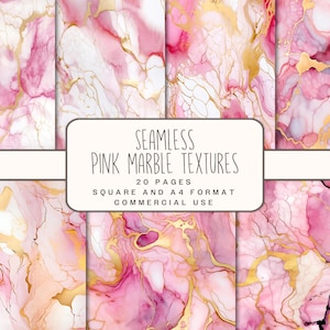 May include: A set of 20 seamless pink and gold marble textures in square and A4 format for commercial use.