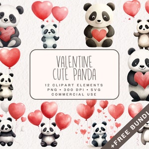 Clipart Valentijn schattige panda, Valentijnsdagafbeeldingen in PNG en SVG, pandabeer met hartballonnen illustraties voor commercieel gebruik