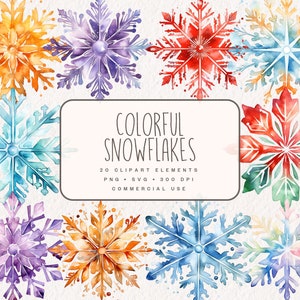 Watercolor Colorful Snowflakes Clipart, Cute Snowflake Winter Graphics in PNG and SVG, Digital Illustrations for Paper Crafts