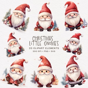Weihnachten süßes Gnome Clipart Bundle, Aquarell Winter Grafiken, Weihnachten PNG und SVG für Junk Journal, Papierhandwerk als Sofortdownload