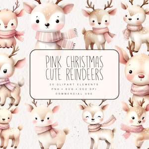 Rosa niedliche Rentier Clipart, Aquarell Weihnachten Baby Rentiere in PNG und SVG Weihnachtsgrafiken, digitale Winter Illustrationen für Junk Journal
