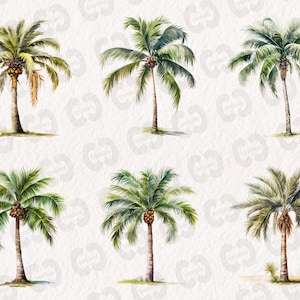 May include: Six watercolor illustrations of palm trees with green leaves and brown trunks against a white background.