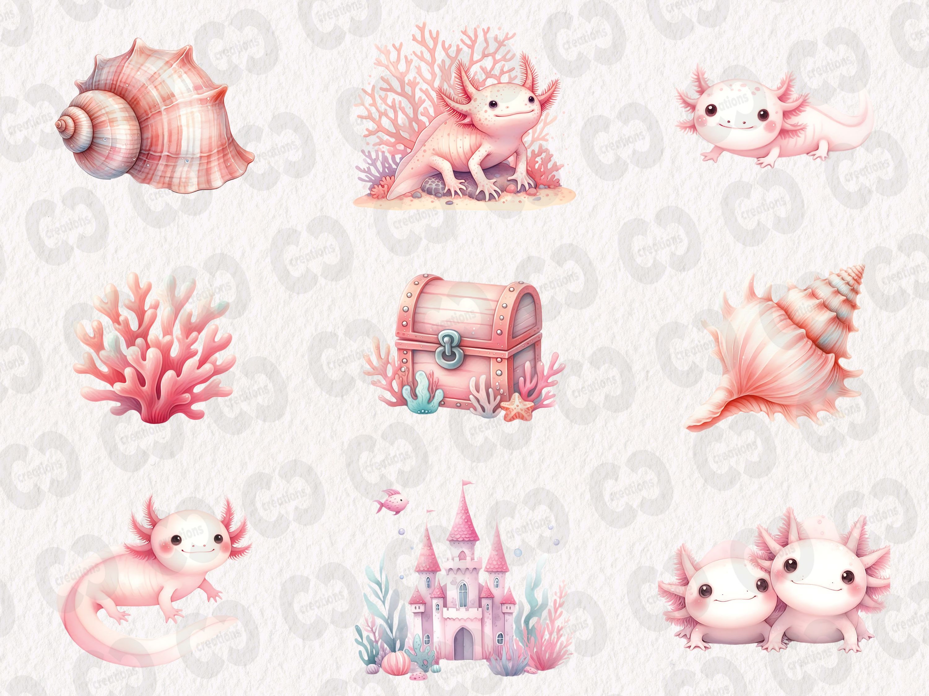 Cute Axolotl Clipart Bundle, Pink Watercolor Axolotl Clip Art, Kawaii ...