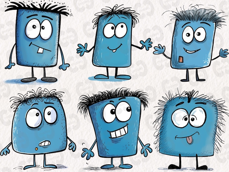 Random Blue Figure Funny Doodle Characters Clipart, Blue Figures With Various Facial ...